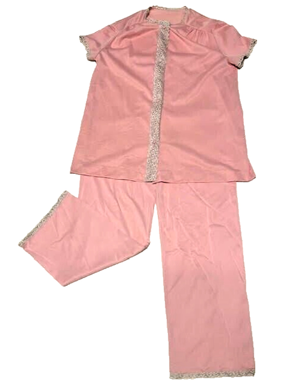 Vintage Vanity Fair Antron III Pink Nylon Pajama Set Lace Trim Small S